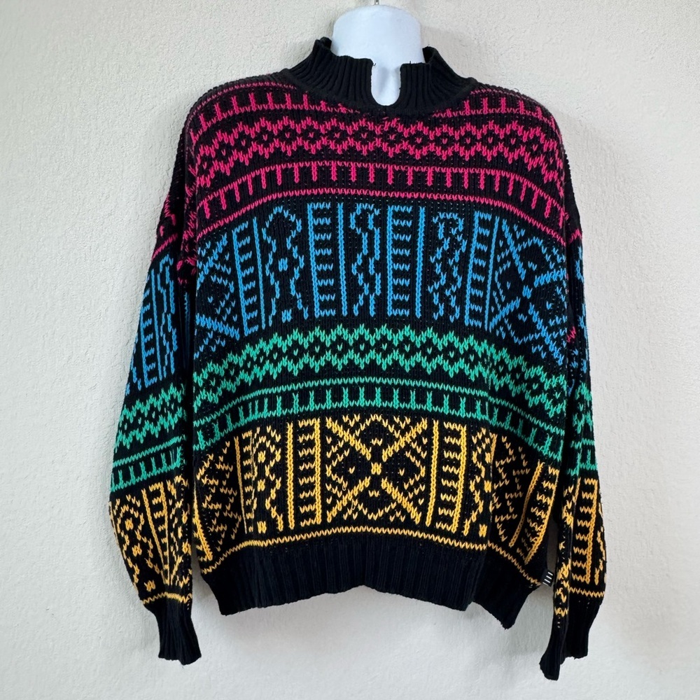 Vintage 80s Esprit Sport Men’s Sweater L‎ Neon Multicolor Fair Isle Cotton Retro